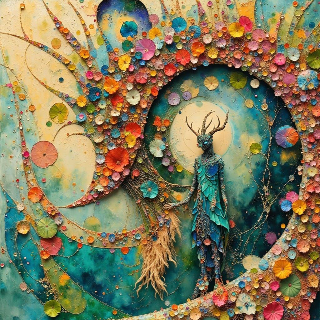 Surreal Waterfall Landscape with Hybrid Owl-Goat Friend