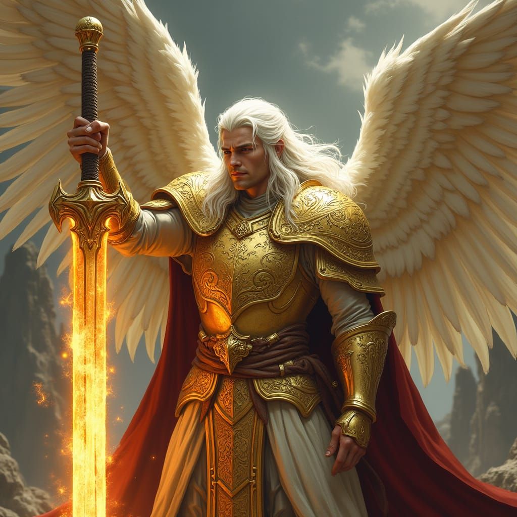 Golden Paladin with 6 Wings and Fiery Sword