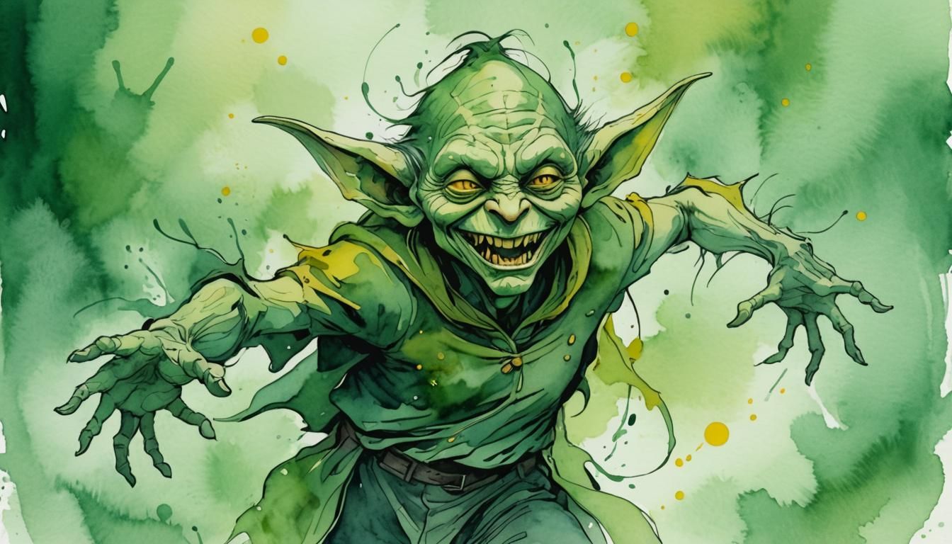 Grinning Goblin Silhouette in Watercolor Fashion Sketch