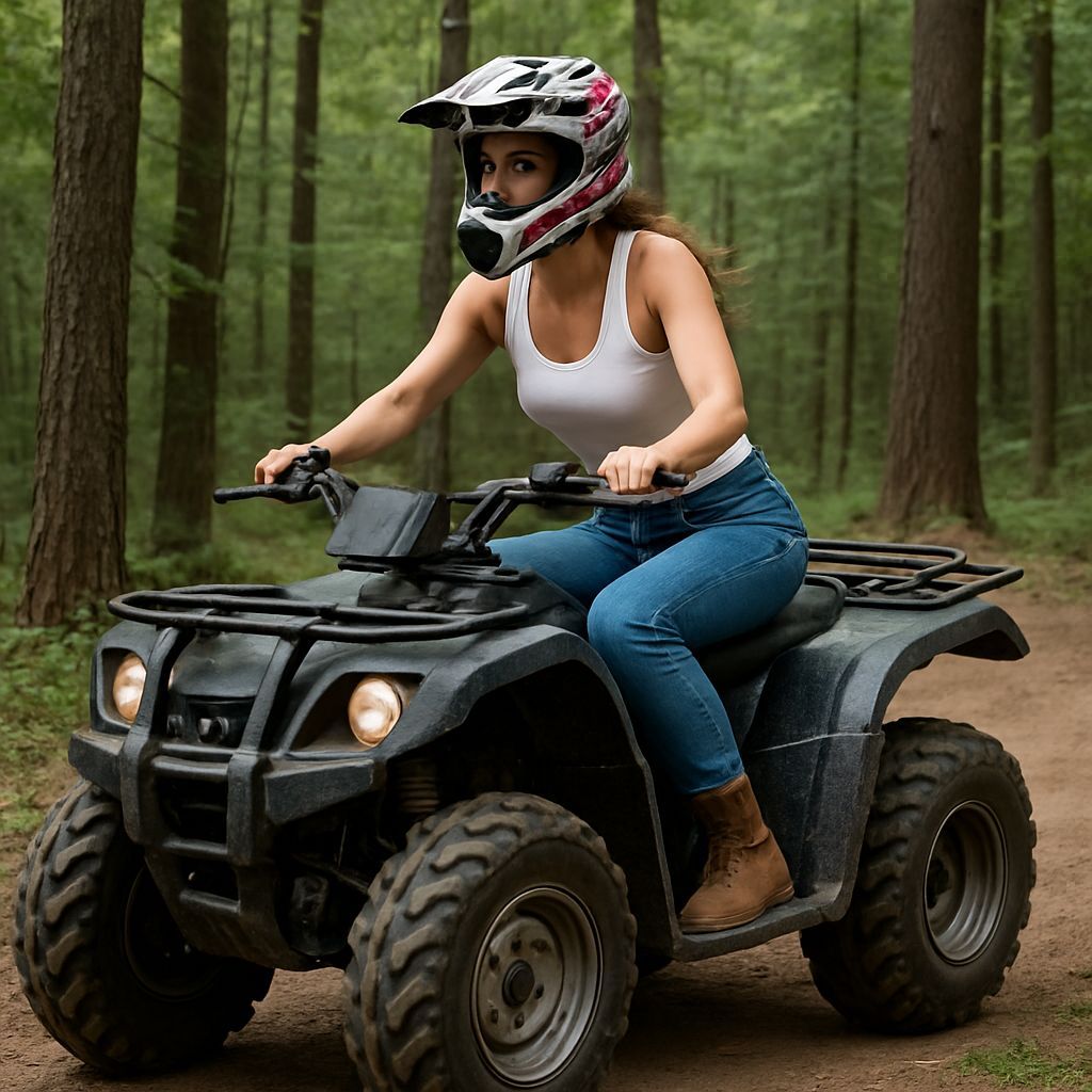 Woman on ATV in Forest with Motocross Helmet
