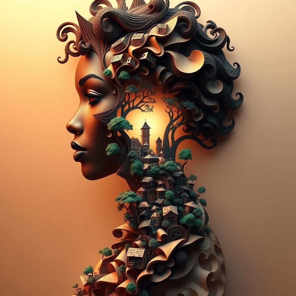 Fractal Origami Woman Profile on Earthy Planet