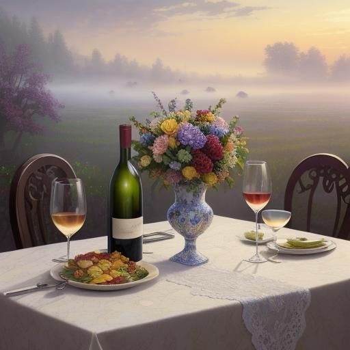 Floral Bouquet and Wine in Ethereal Style