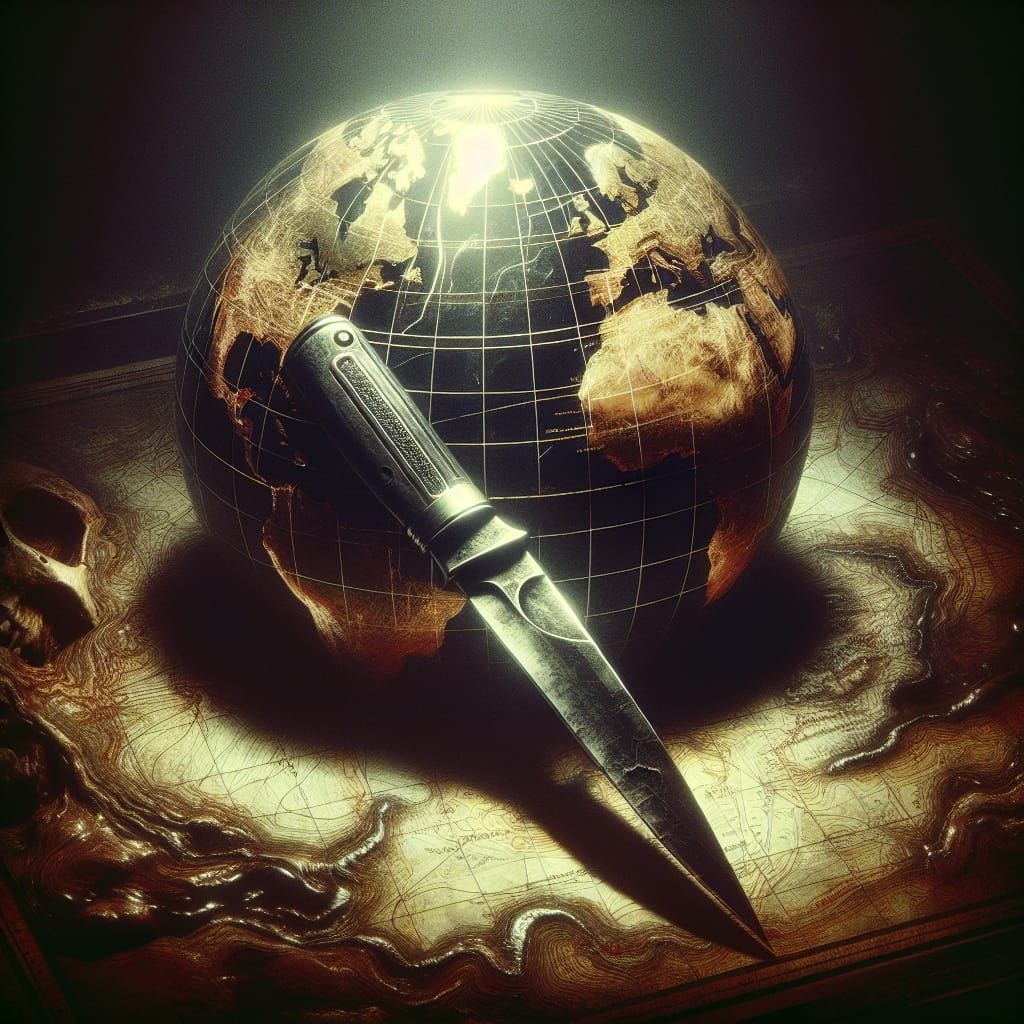 Knife Embedded in Globe Map with Skull