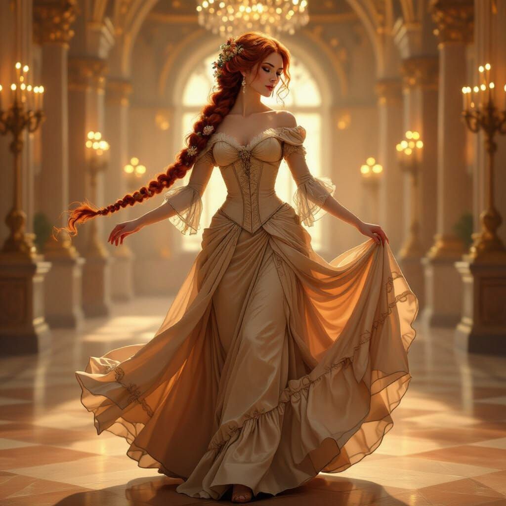 In a grand, gilded ballroom, a poised woman with long, red hair dances.