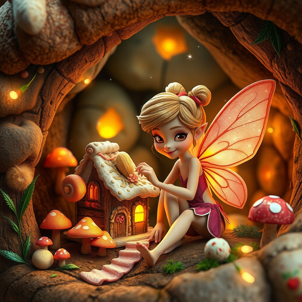 Gingerbread Fairy in Mushroom House: 3D Render