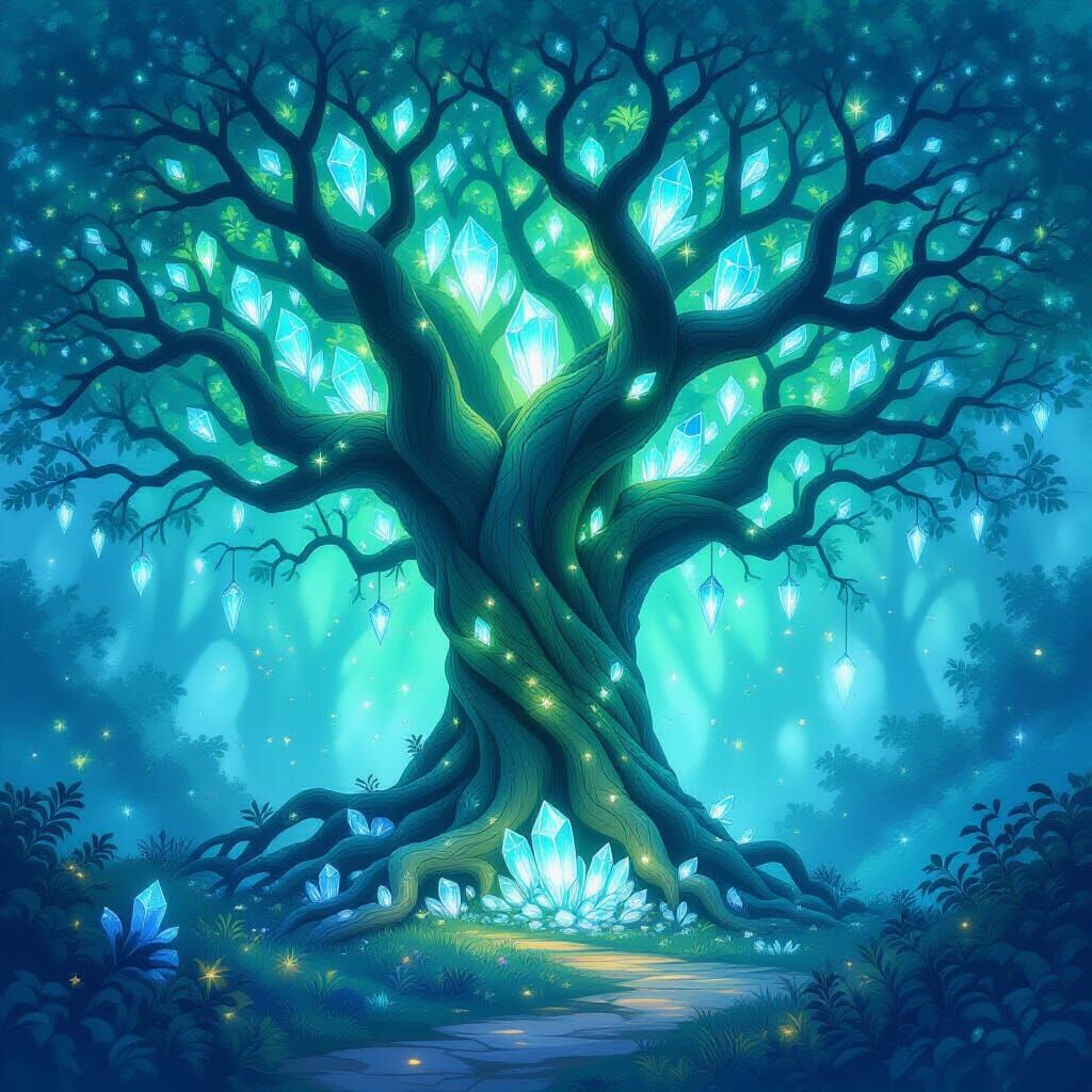 Ancient Bioluminescent Tree with Crystal Roots in Hidden Gla...