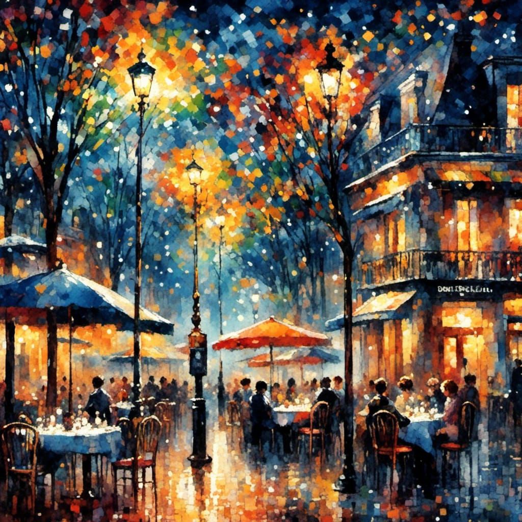 Paris Cafe Terrace at Night in Dadaist Colors