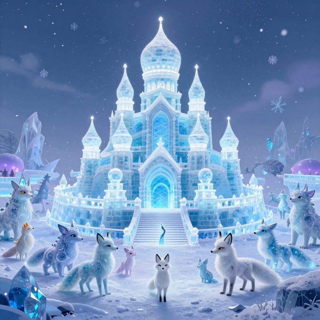 Shimmering Ice Castle With Whimsical Ice Creatures
