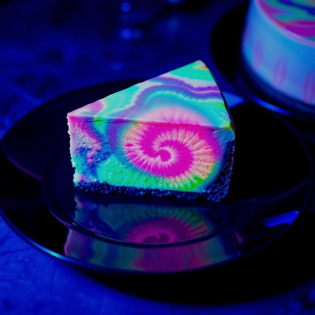 Glowing Tie-Dye Cheesecake in Neon Futuristic Style