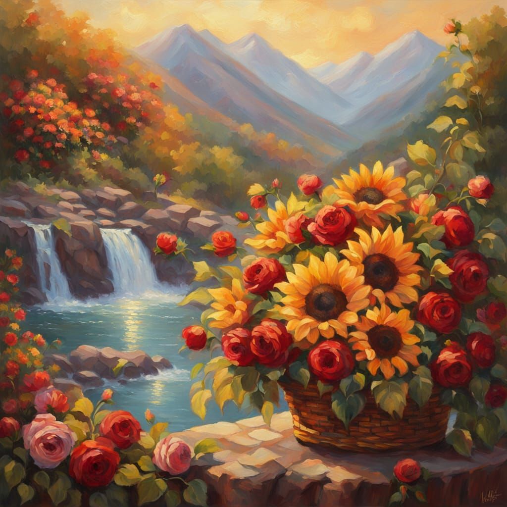 Impressionist Masterpiece of a Flowerbasket in a Majestic La...