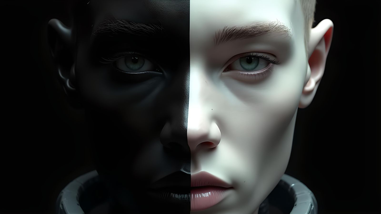 Black and White Android Face in Photorealistic Style