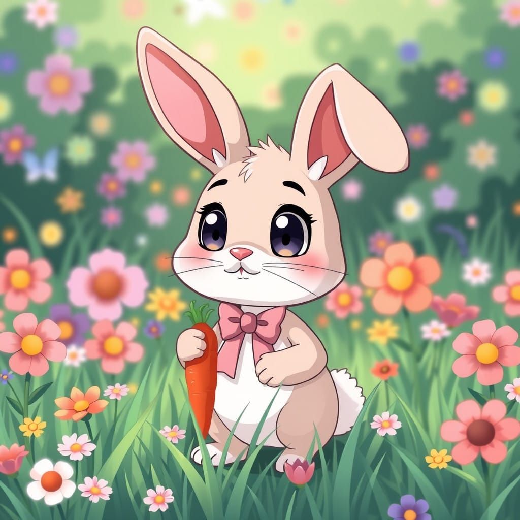 Anime Bunny in Whimsical Floral Meadow