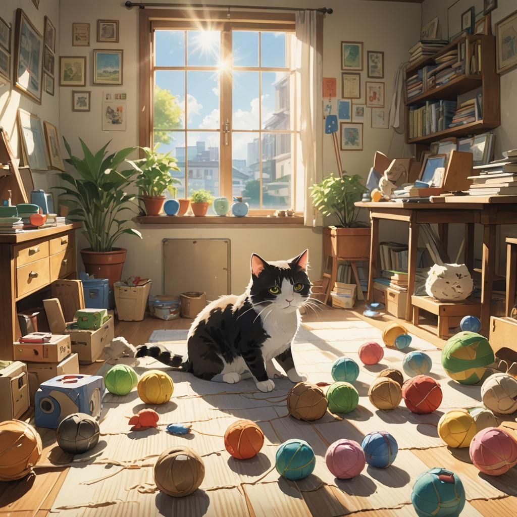 Anime Cat Playing: Watercolor Style, Sun-Drenched Room
