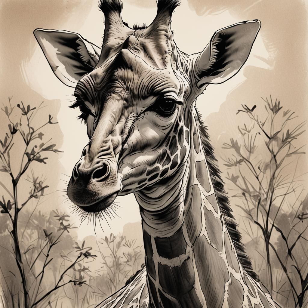 Majestic Giraffe Portrait in Expressive Doodle Style