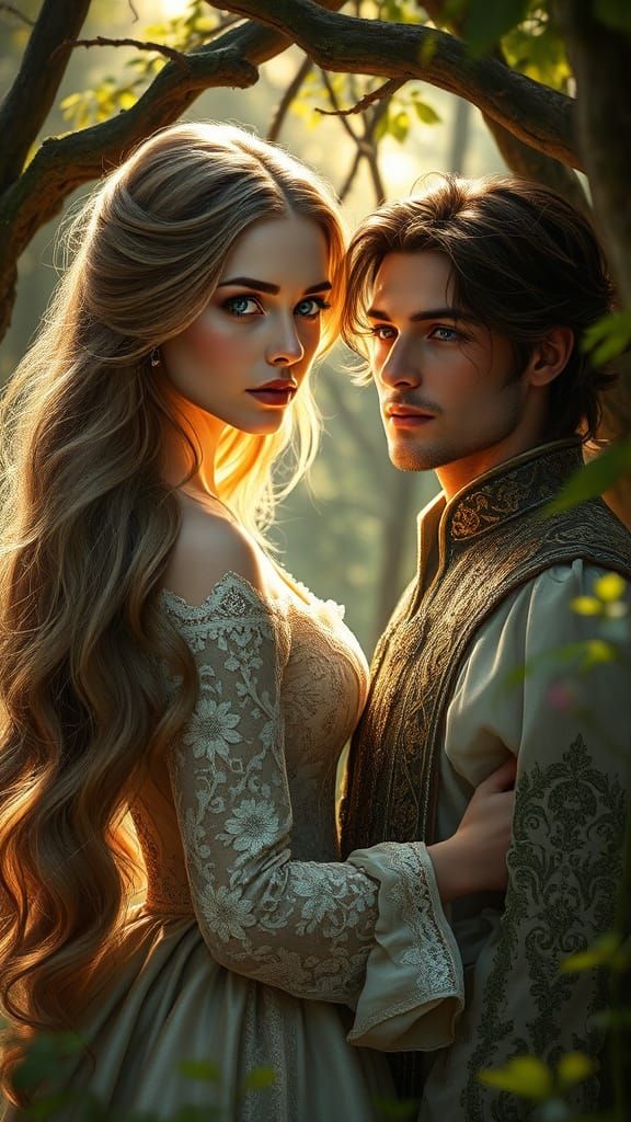 Serene Woman in Medieval Gown Surrounded by Ancient Forest