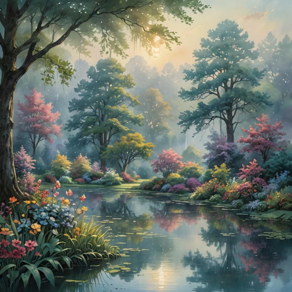 Dreamlike Lake at Dawn in Watercolor Style