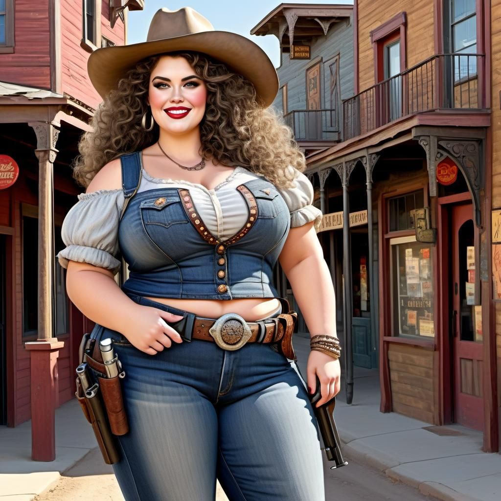 Curvy Gunslinger in Western Town with Guns