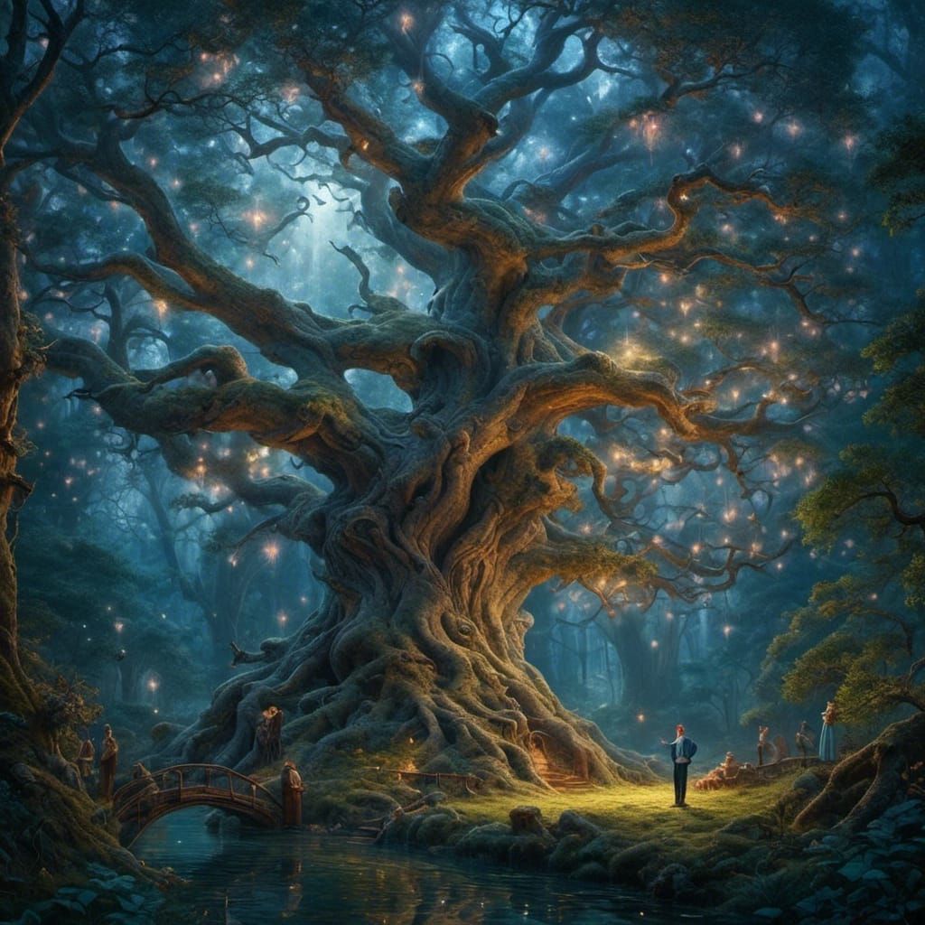 Man Gazing at Oak Tree with Winged Forest Fairies