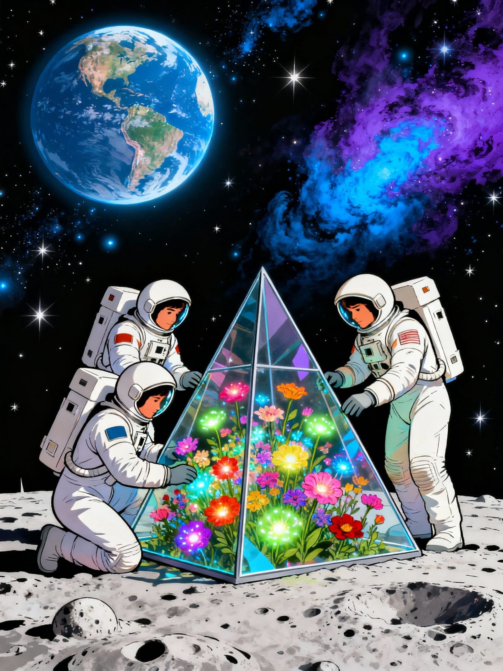 Astronauts Tend Lunar Greenhouse in Mid-Century Cartoon Styl...