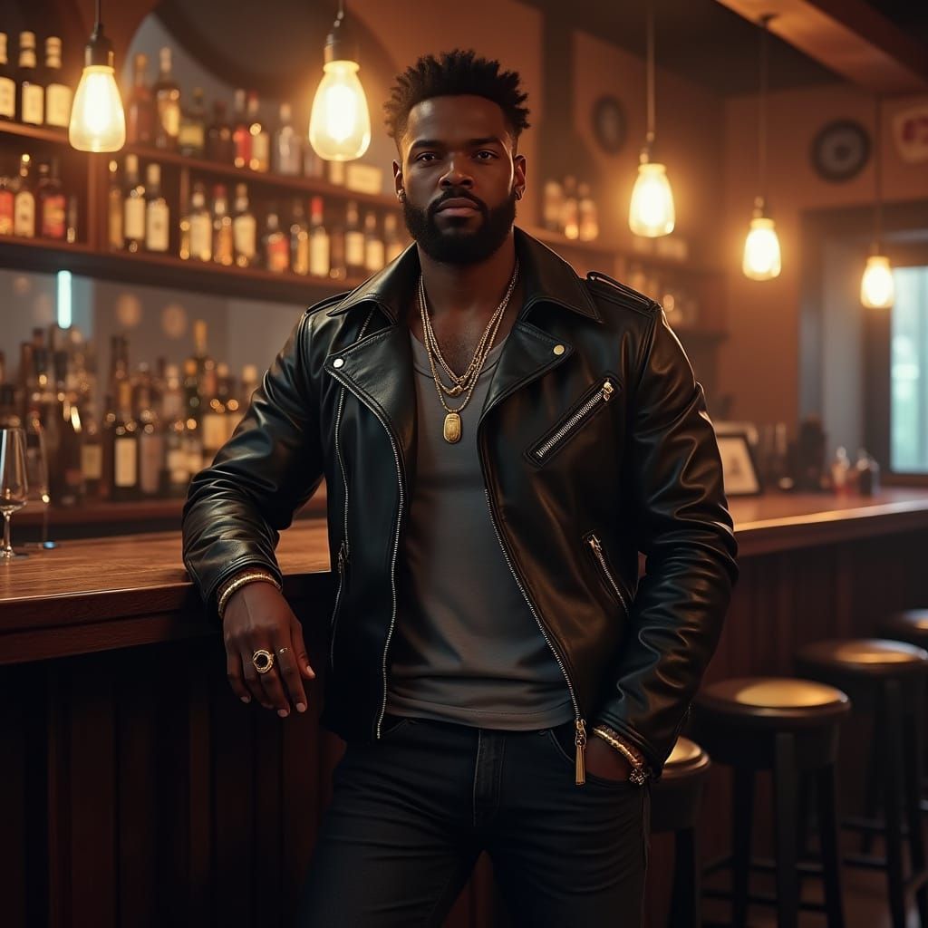 Muscular African American Man in Leather Jacket at Bar