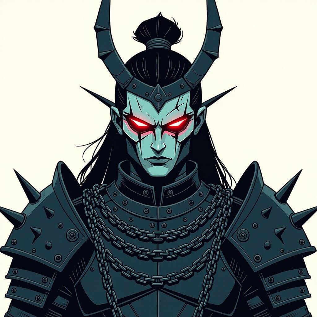 Gothic Metal Warrior with Glitching Eyes in 2D Style