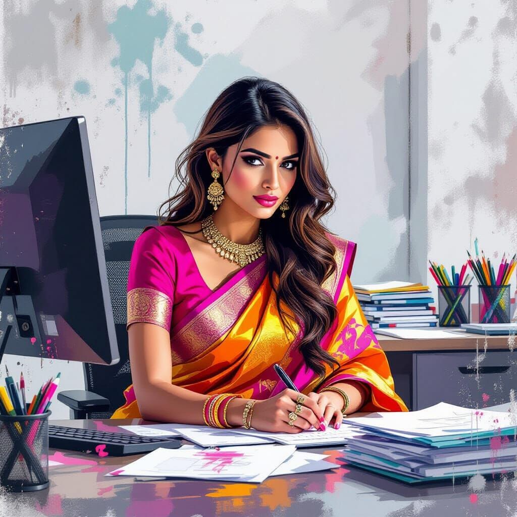 Woman in Saree Working in Office, Graffiti Art Style