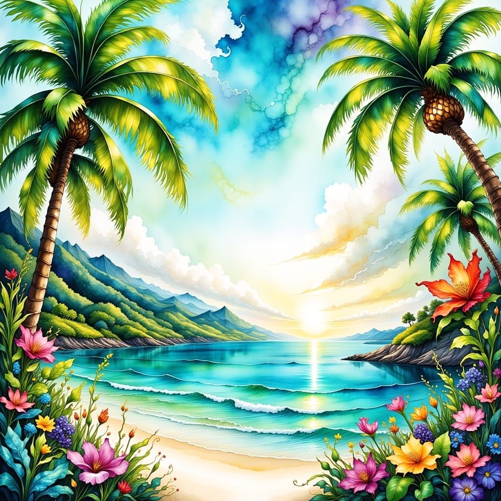 Vivid Tropical Beach Scene with Watercolor Animals