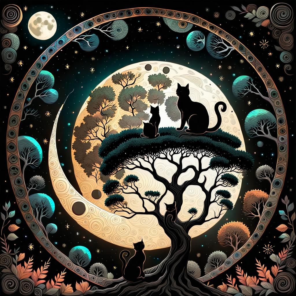 Girl and Cat on the Moon in Folk Art Style