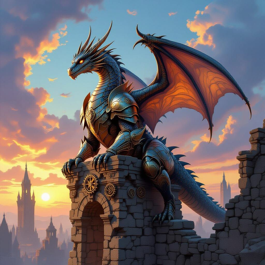 Majestic Dragon on Steampunk Ruins Under Nebula Sky