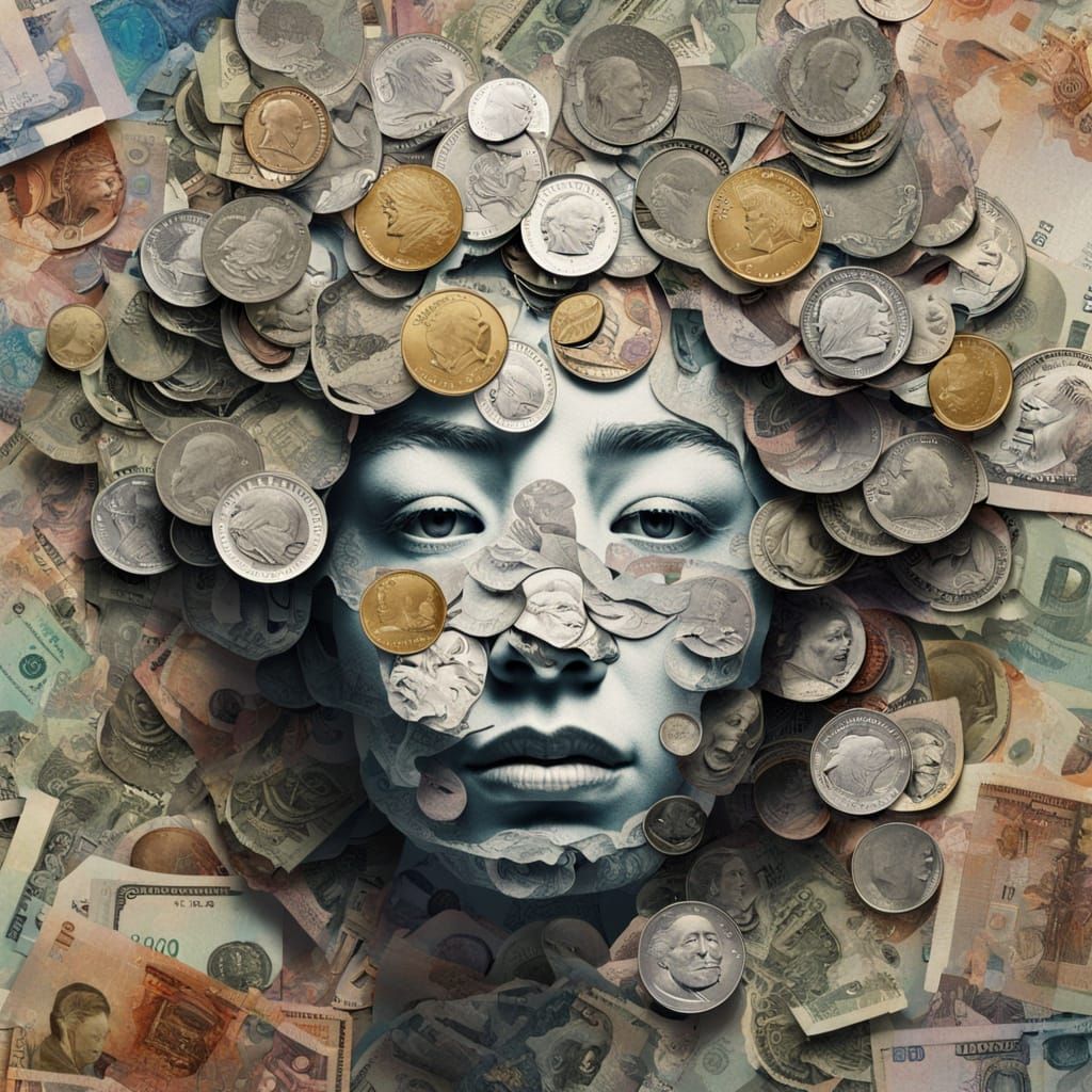 Surreal Portrait of Face Made of World Banknotes & Coins