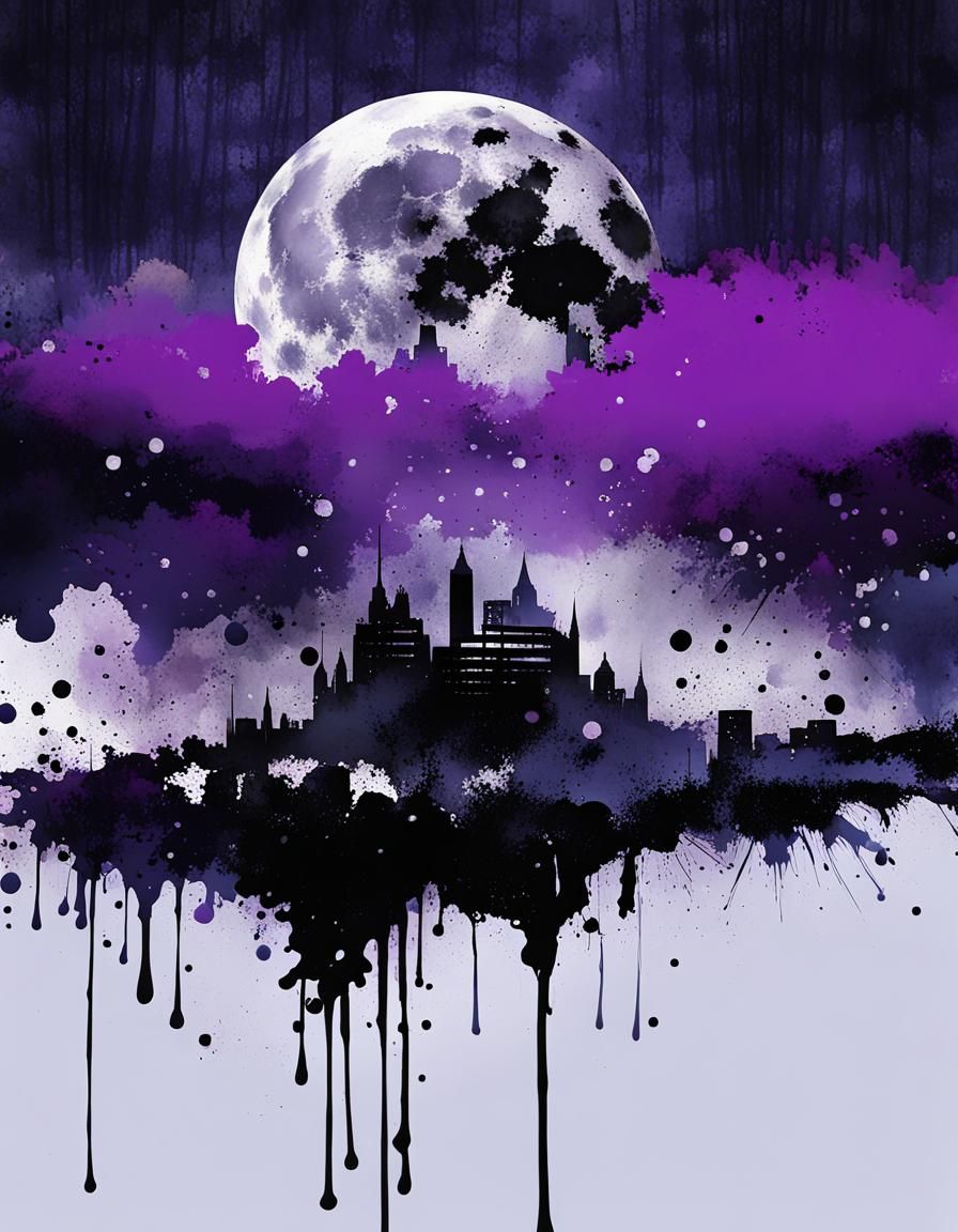Ink Splatter Art: Nightscape Landscape with Full Moon