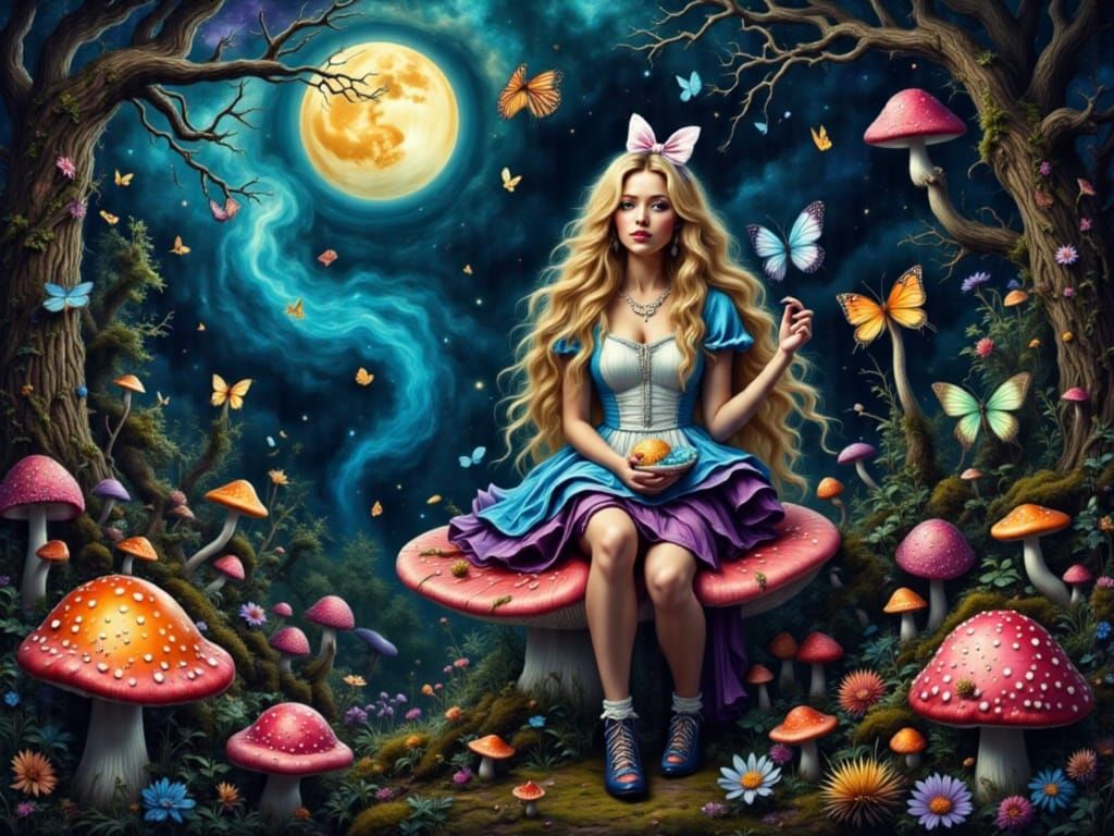 Psychedelic Alice in Wonderland Smoking on Mushroom