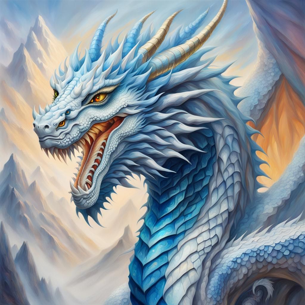 Majestic White Dragon with Blue Eyes in Oil Painting