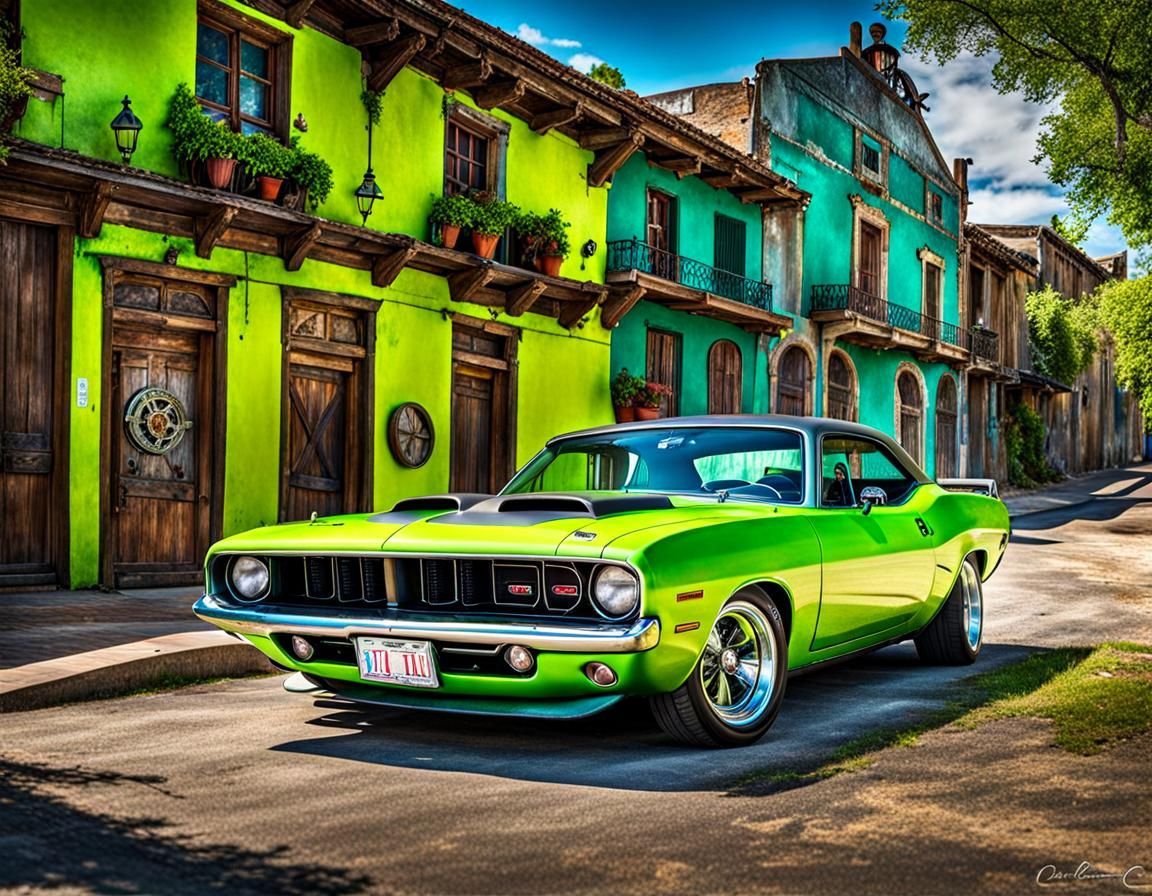 Steampunk Plymouth Cuda in Lime Green Digital Art