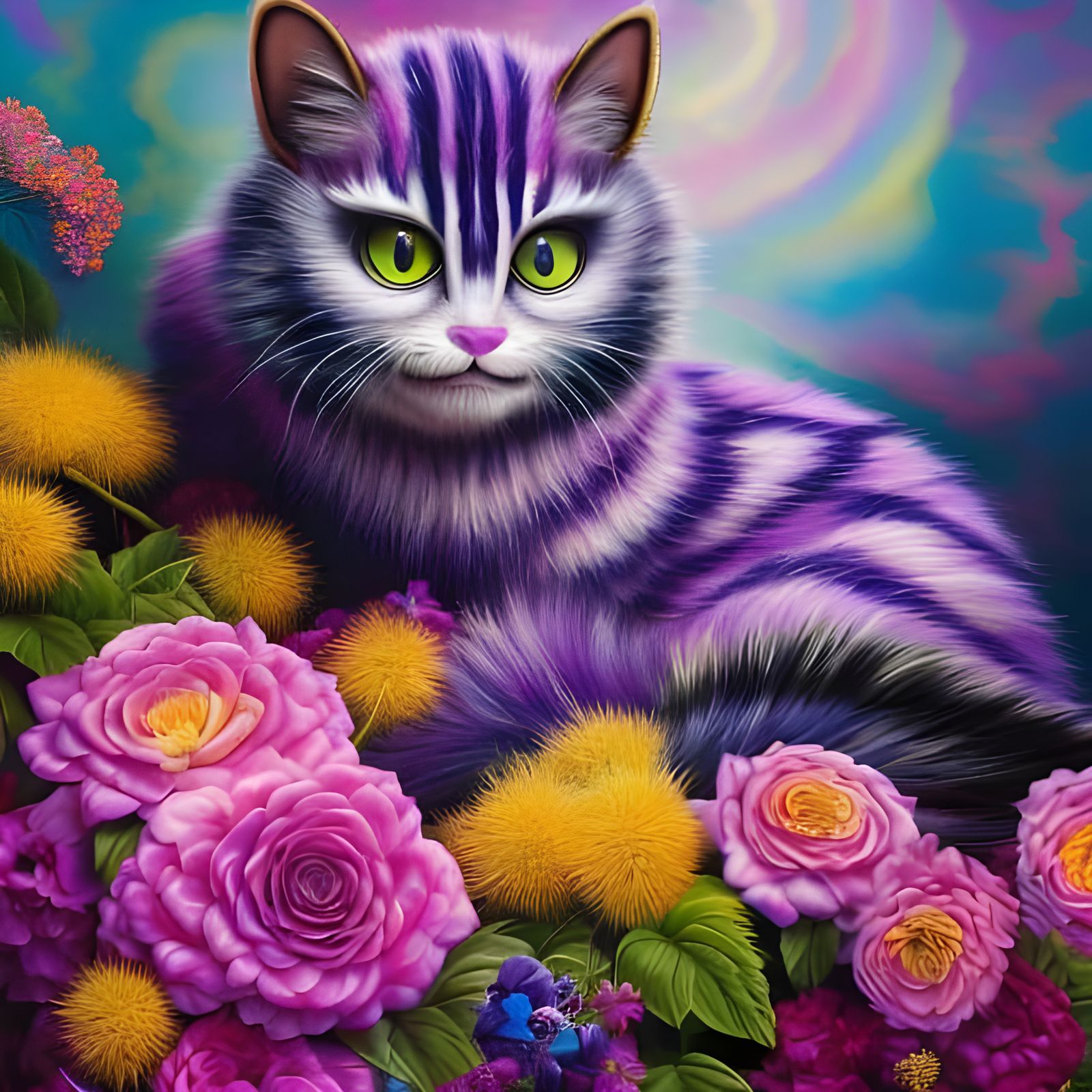 Iridescent Cheshire Cat Portrait in Surrealist Style