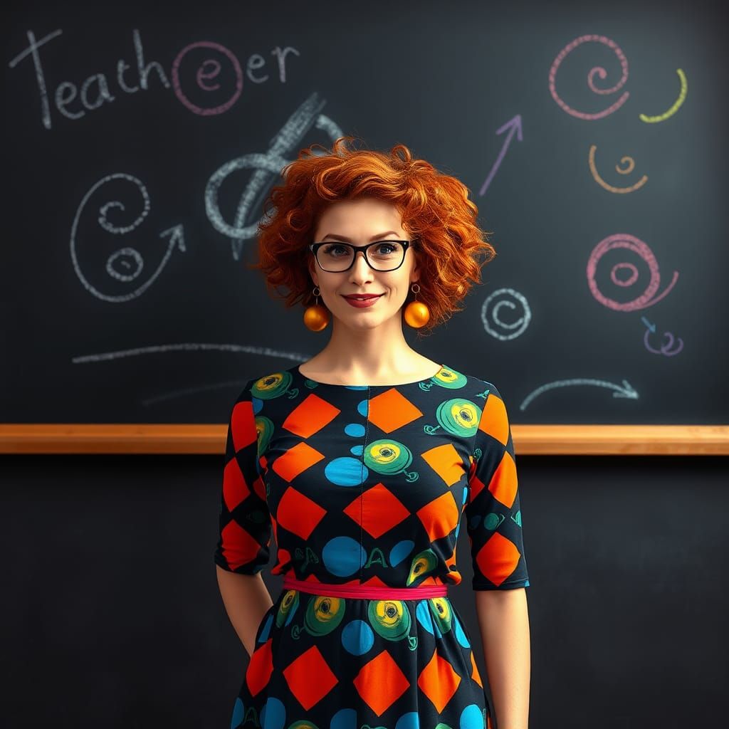 Whimsical Teacher with Blackboard in Pop Art Style