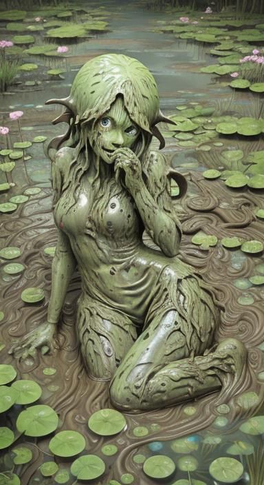 Anime Mud Monster Girl with Swamp Flowers