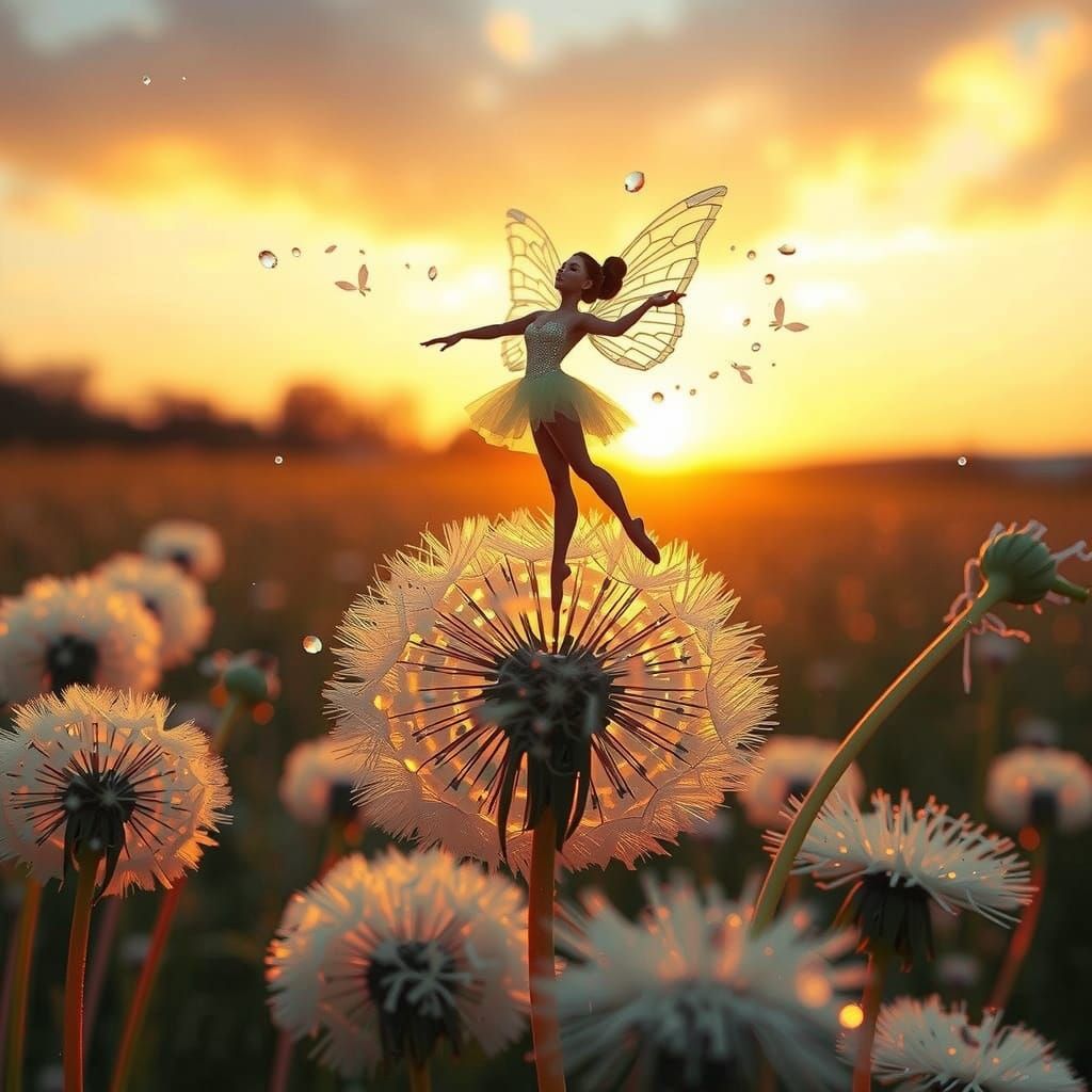 Ballerina Fairy Dancing on Dandelion, Double Exposure