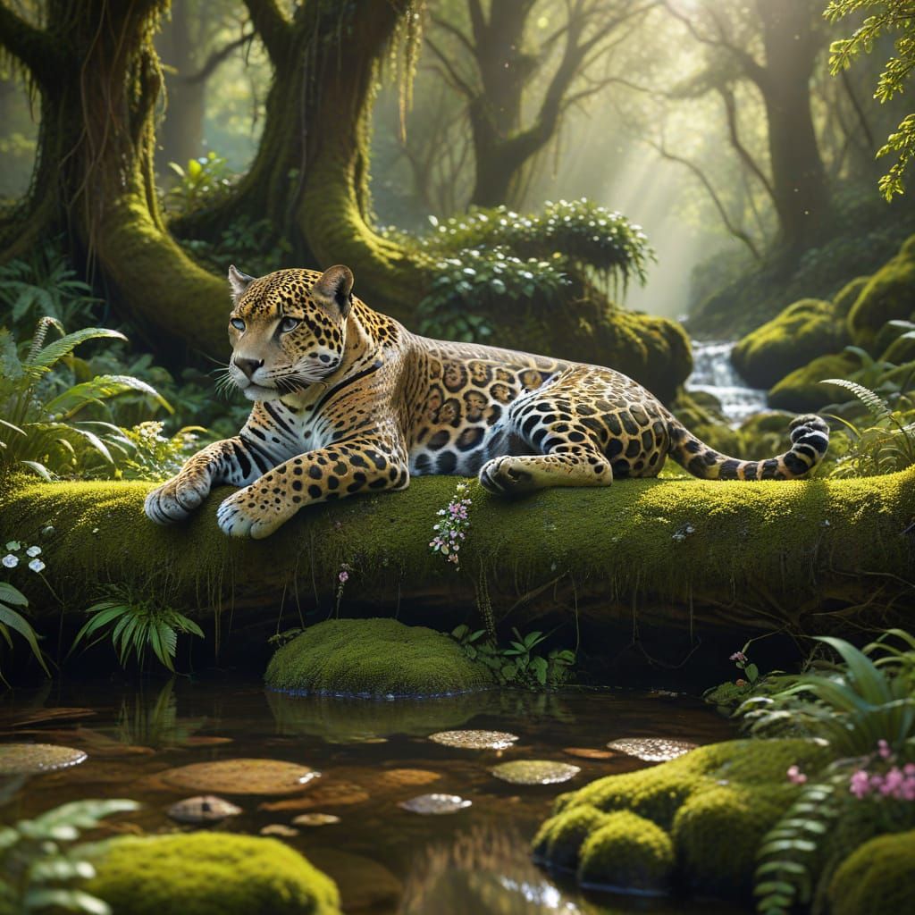 Jaguar Relaxing in Ancient Forest