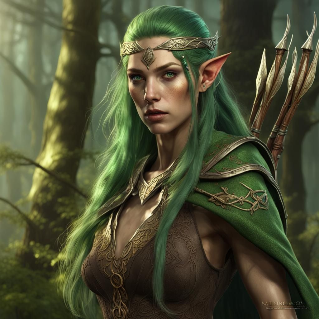 Detailed Wood Elf Druid with Shortbow in Fantasy Art