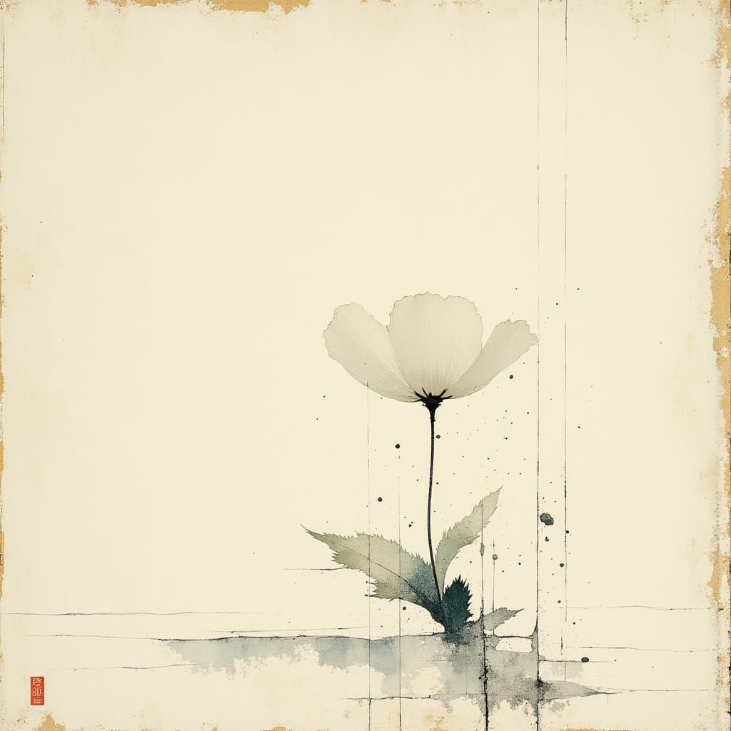White Poppy Unfurling in Minimalist Japanese Style