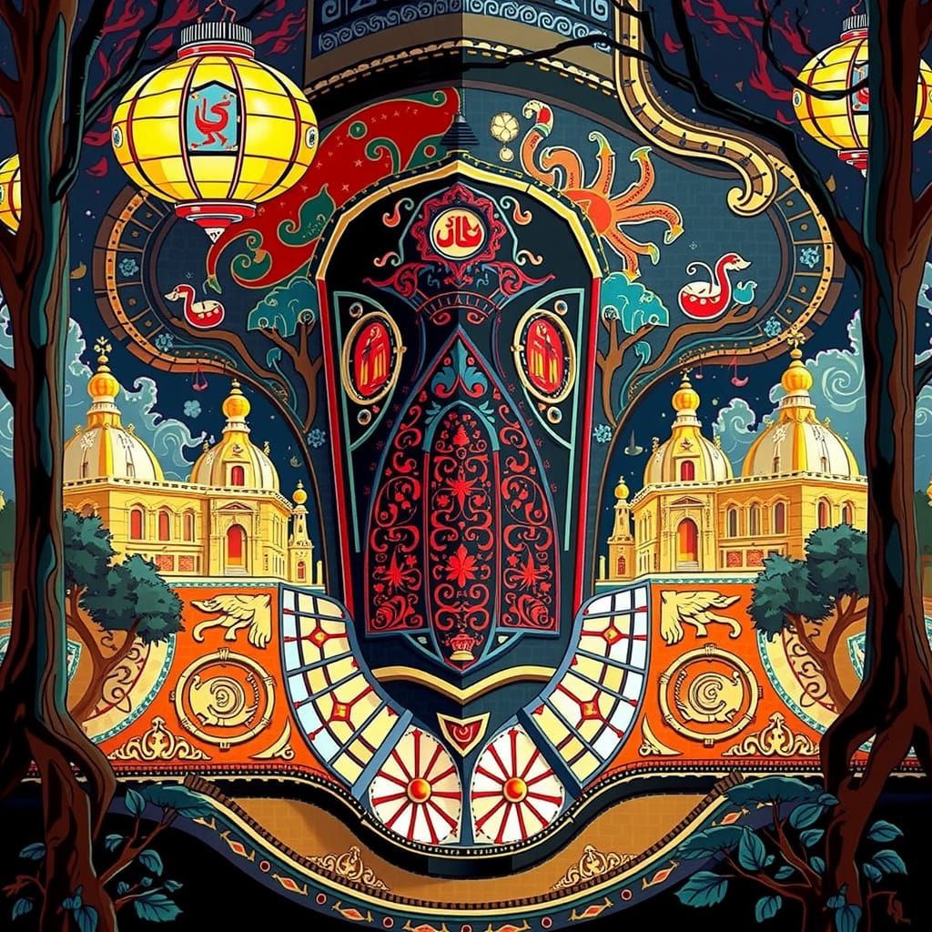 Floating Arabic Japanese Temple at Night in Photorealism