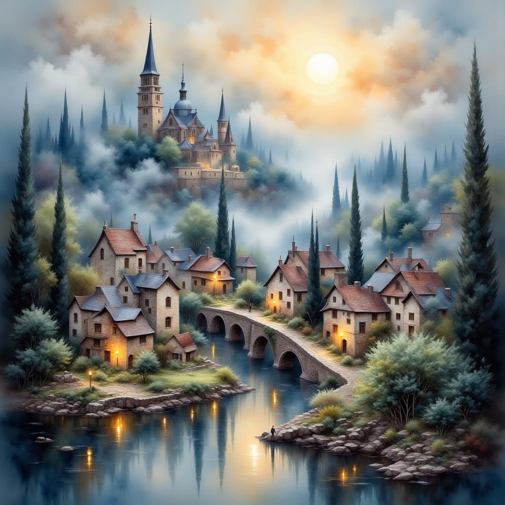 Mystical Town in Fog: Impressionist Masterpiece