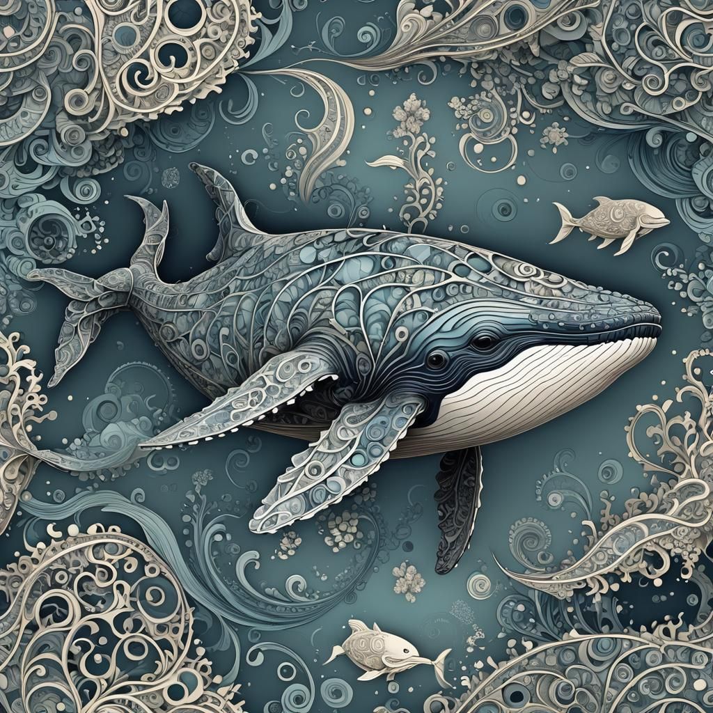 Abstract Whale Fractal with Zentangle Elements