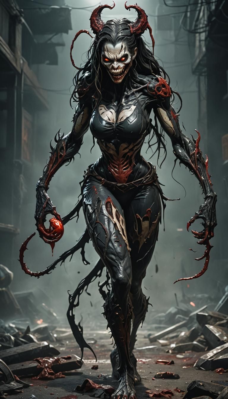 evil zombie, girl Venom, black symbiont attached, bloody, evil look, psychotic,  combat stance, highly detailed, vibrant...