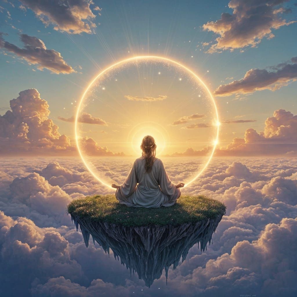 Serene Character Meditates on Floating Island at Sunset