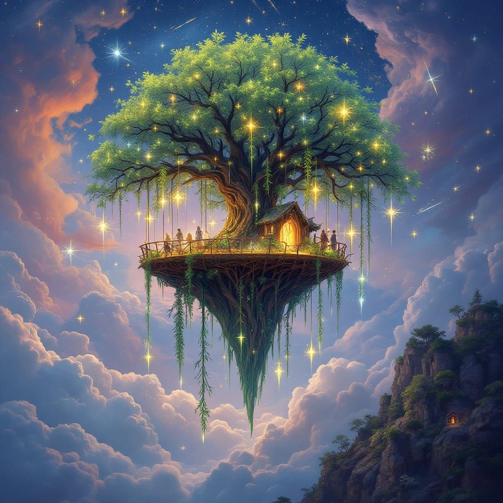 Whimsical Cloud Treehouse in Ethereal Glow