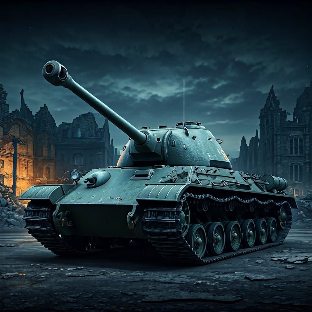 WW2 Super-Heavy Tank in Ruined City at Night