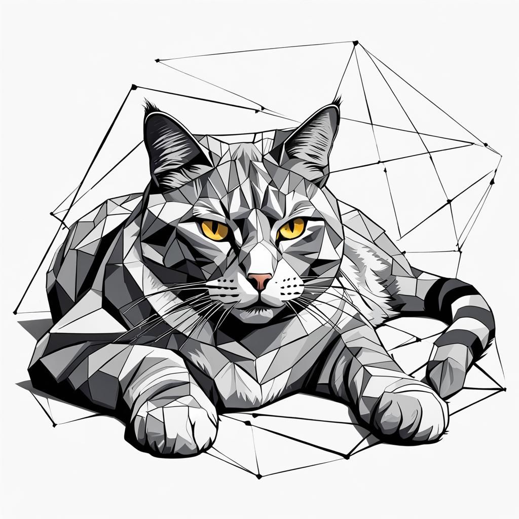 Hand-Drawn Sleeping Cat with Geometric Shapes