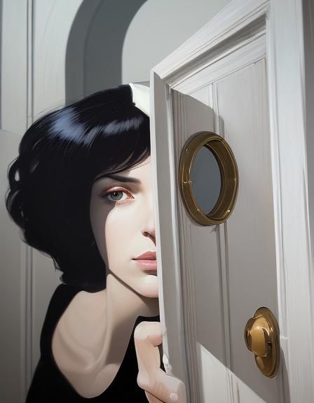 Woman Peering Through Keyhole in Realist Style